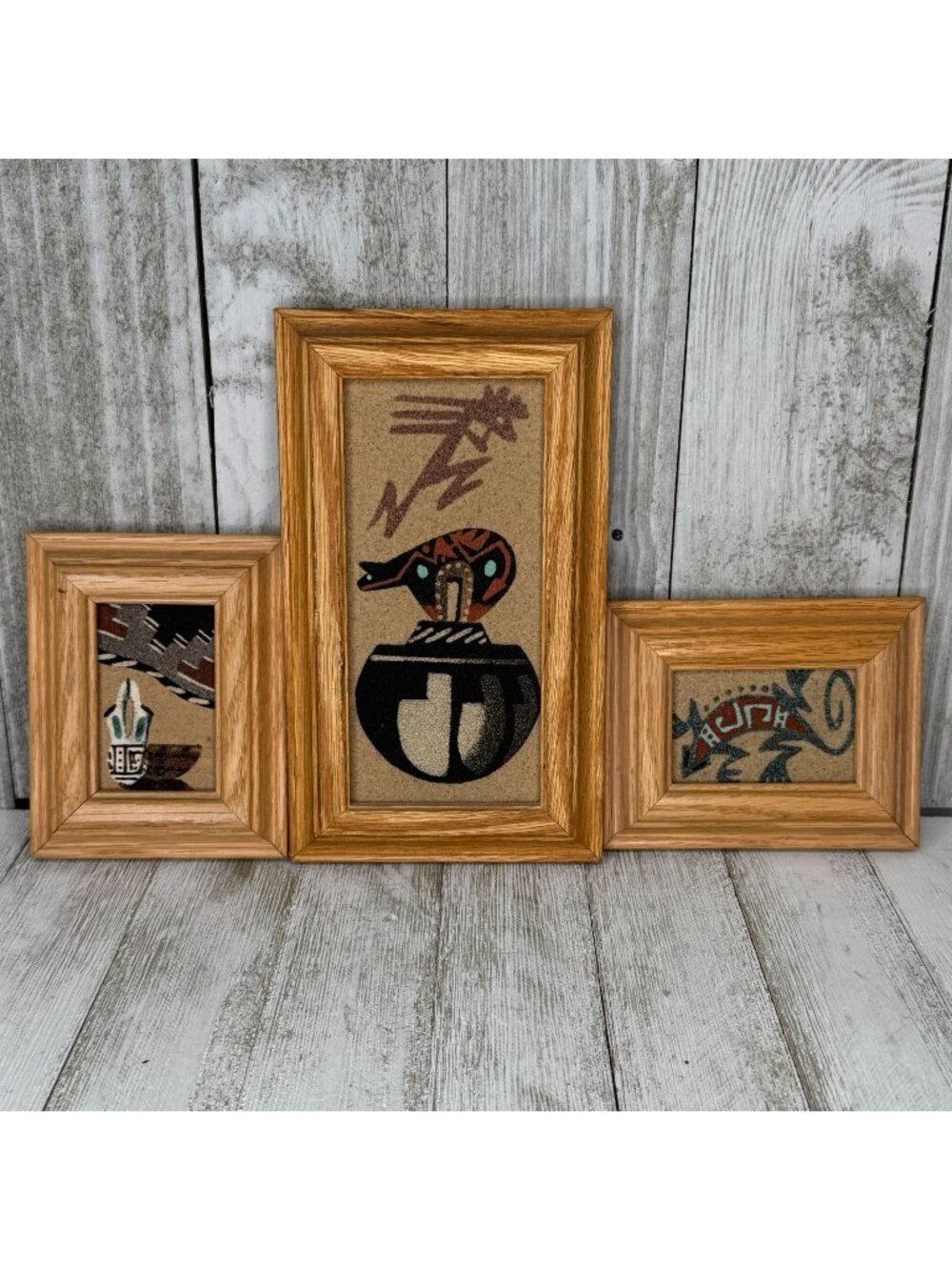 Vintage Hand-Crafted Navajo Native American Sand Art Paintings Set of 3